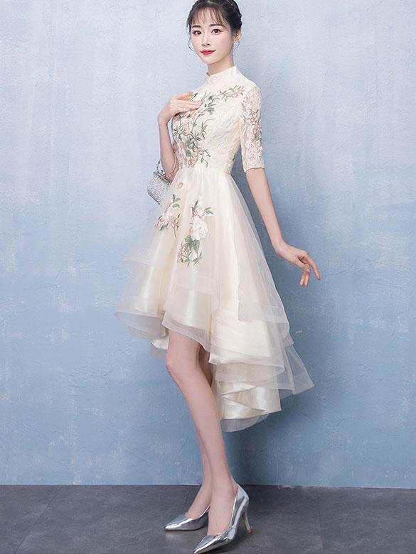 Embroidered Qipao / Cheongsam Party Dress with High Low Hem