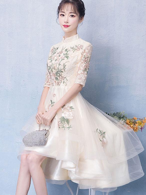Embroidered Qipao / Cheongsam Party Dress with High Low Hem