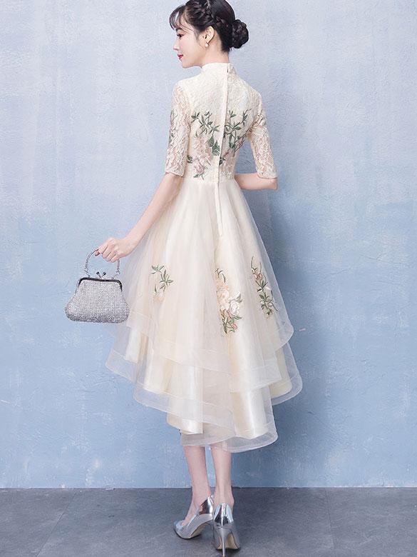 Embroidered Qipao / Cheongsam Party Dress with High Low Hem