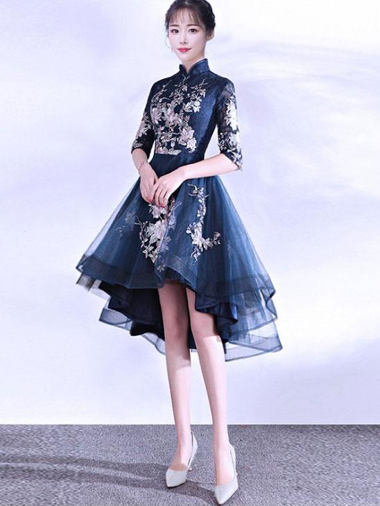 Embroidered Qipao / Cheongsam Party Dress with High Low Hem