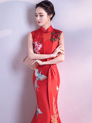 Red Blue Embroidered Fishtail Qipao / Cheongsam Wedding Dress