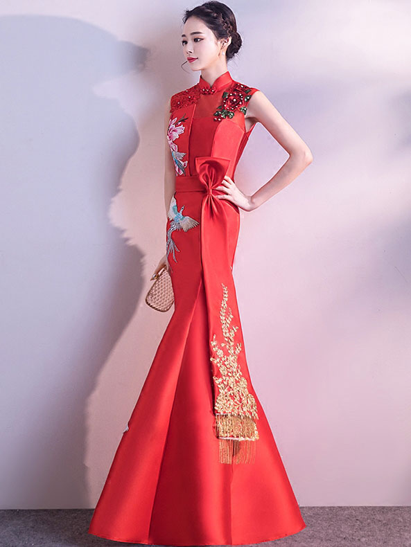 Red Blue Embroidered Fishtail Qipao / Cheongsam Wedding Dress