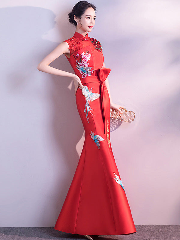 Red Blue Embroidered Fishtail Qipao / Cheongsam Wedding Dress