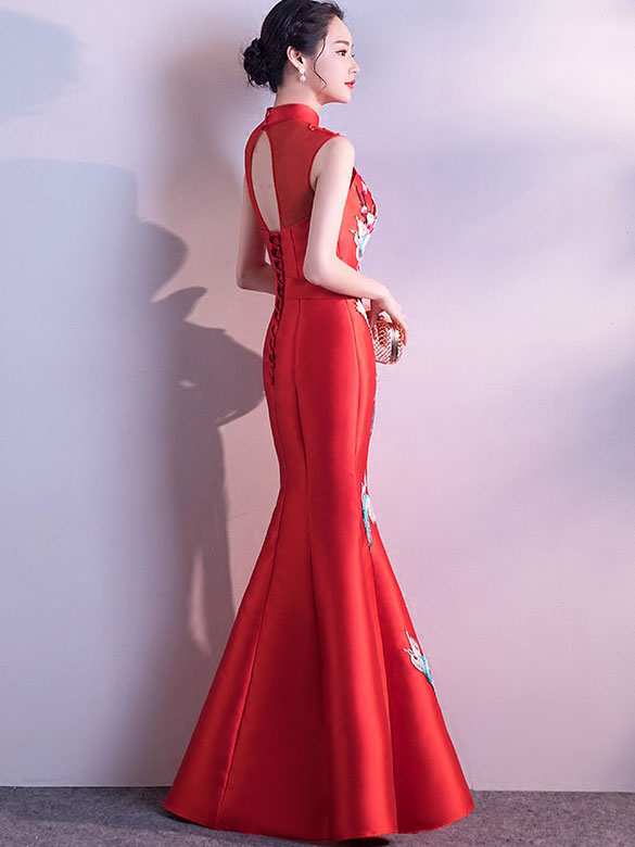Red Blue Embroidered Fishtail Qipao / Cheongsam Wedding Dress