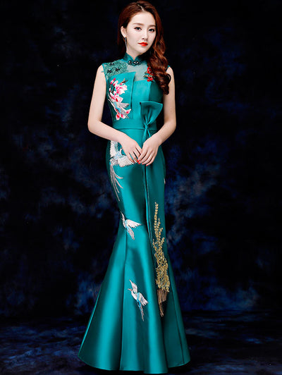Green Embroidered Long Qipao / Cheongsam Dress with Lace Trim