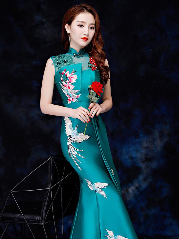 Purple Green Embroidered Fishtail Qipao / Cheongsam Party Dress