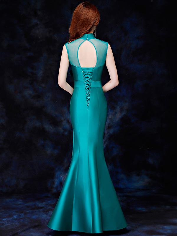 Purple Green Embroidered Fishtail Qipao / Cheongsam Party Dress