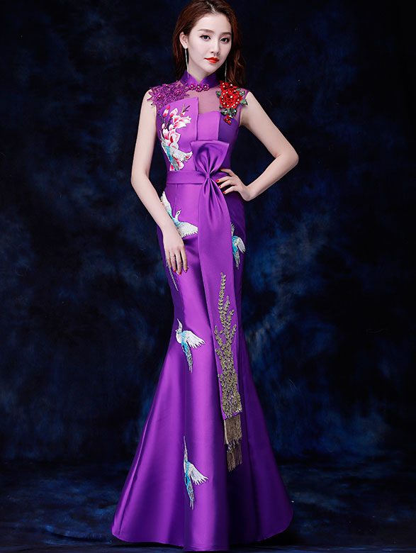 Purple Green Embroidered Fishtail Qipao / Cheongsam Party Dress