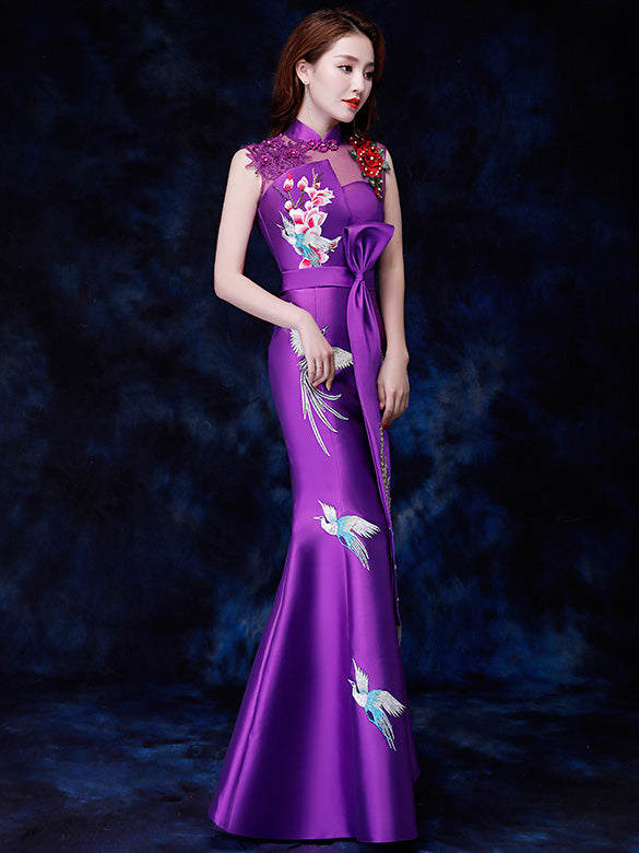 Purple Green Embroidered Fishtail Qipao / Cheongsam Party Dress