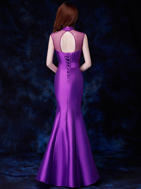 Purple Green Embroidered Fishtail Qipao / Cheongsam Party Dress