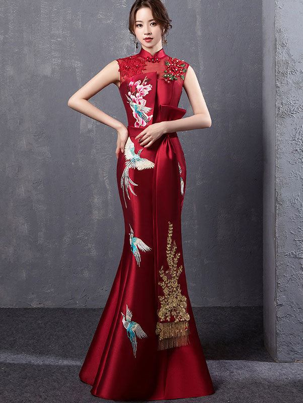 Wine Red Embroidered Fishtail Qipao / Cheongsam Wedding Dress