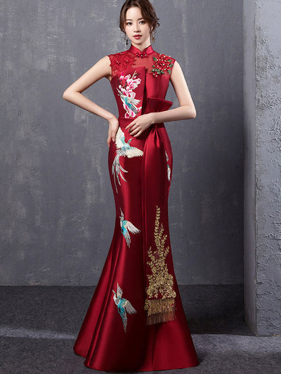 Wine Red Embroidered Fishtail Qipao / Cheongsam Wedding Dress