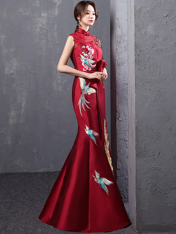 Wine Red Embroidered Fishtail Qipao / Cheongsam Wedding Dress
