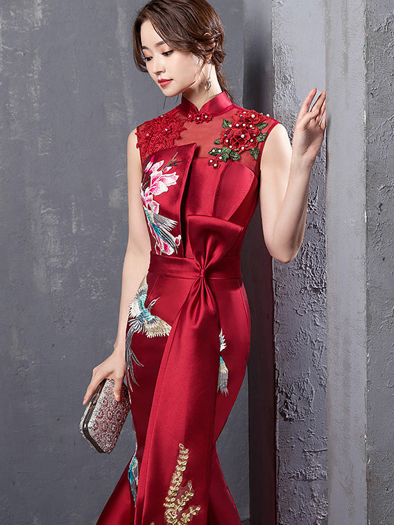 Wine Red Embroidered Fishtail Qipao / Cheongsam Wedding Dress