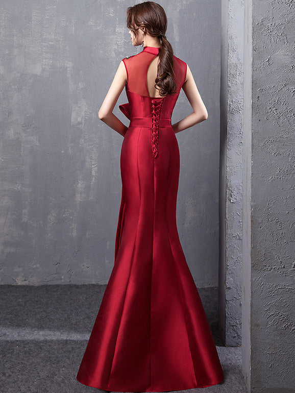Wine Red Embroidered Fishtail Qipao / Cheongsam Wedding Dress