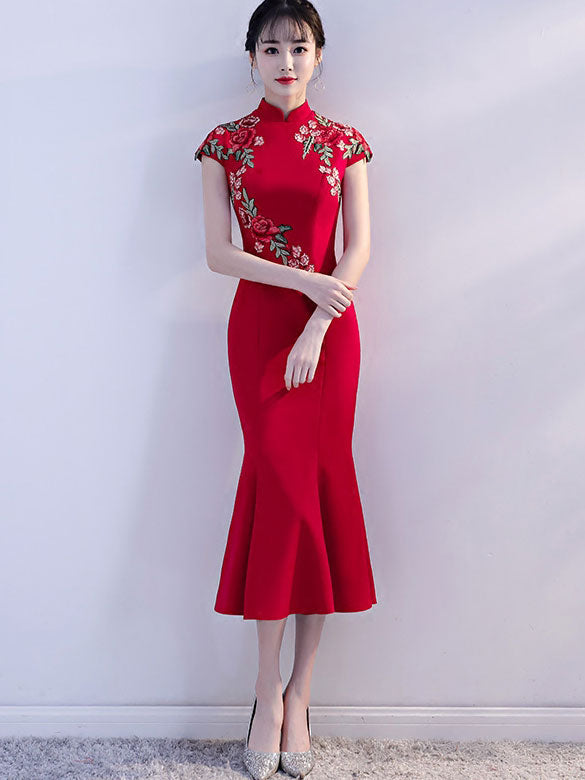 Red Embroidered Fishtail Qipao Cheongsam Wedding  Dress