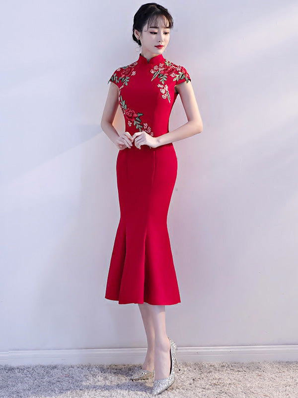 Red Embroidered Fishtail Qipao Cheongsam Wedding  Dress