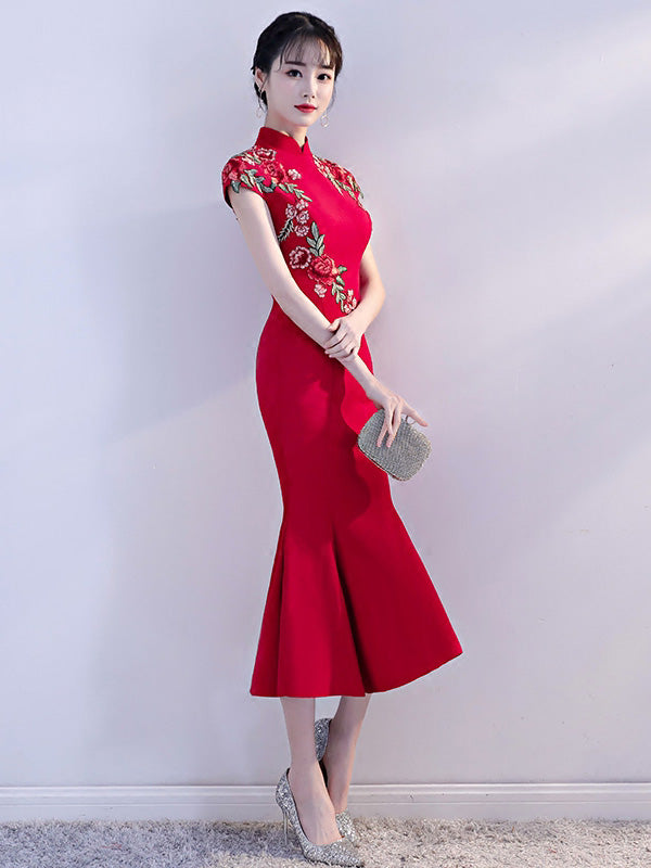Red Embroidered Fishtail Qipao Cheongsam Wedding  Dress