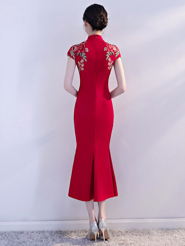 Red Embroidered Fishtail Qipao Cheongsam Wedding  Dress