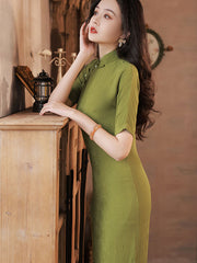 Green Blue Jacquard Mid Cheongsam Qipao Dress