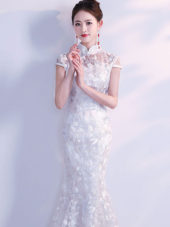 White Lace Fishtail Qipao / Cheongsam Wedding Dress