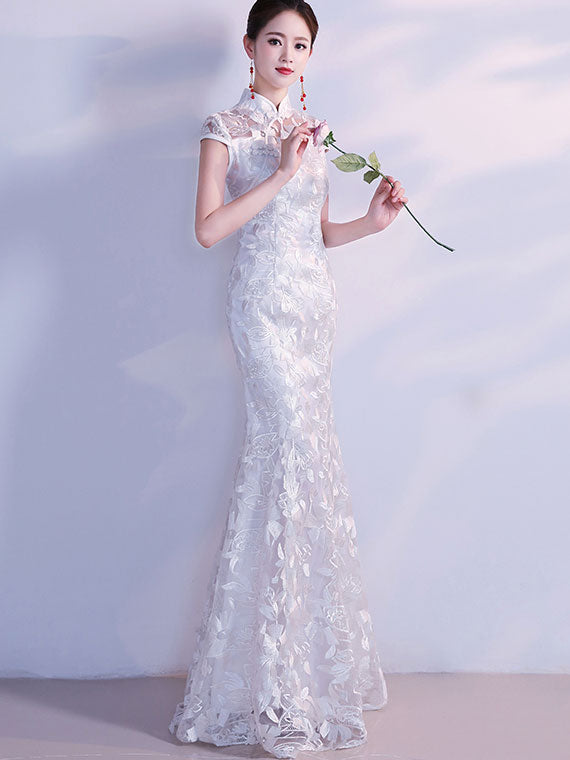 White Lace Fishtail Qipao / Cheongsam Wedding Dress