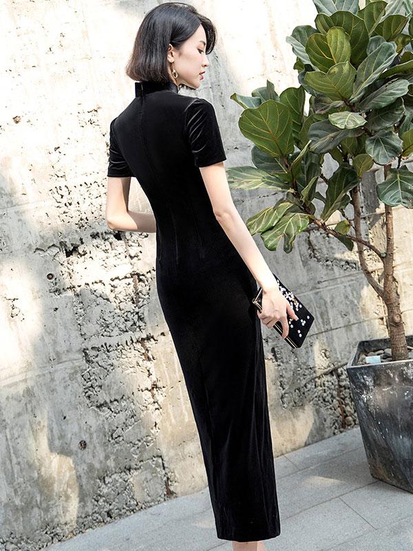 Thigh Split Velvet Modern Qipao / Cheongsam Maxi Dress