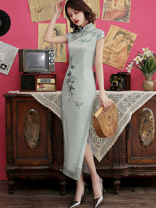 Embroidered Qipao / Cheongsam Maxi Dress with Lace Trim