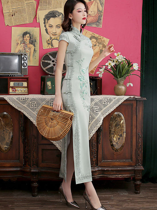 Embroidered Qipao / Cheongsam Maxi Dress with Lace Trim