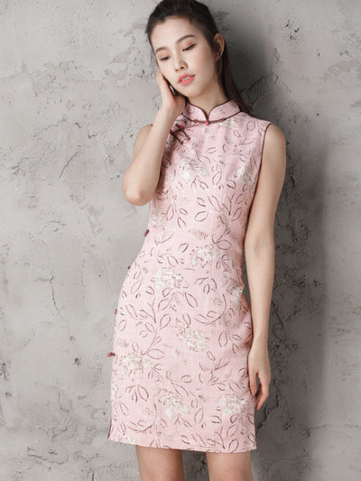 Custom Tailored Pink Floral Modern Qipao / Cheongsam Dress
