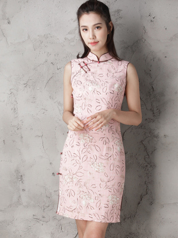 Custom Tailored Pink Floral Modern Qipao / Cheongsam Dress