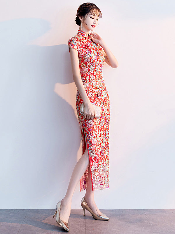 Red Woven Floral Long Qipao / Cheongsam Wedding Dress