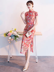 Red Woven Floral Long Qipao / Cheongsam Wedding Dress