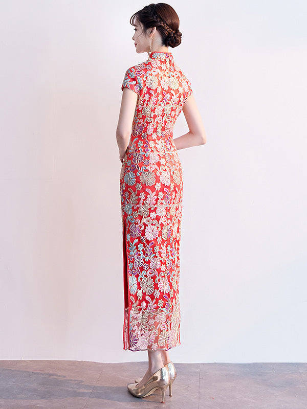 Red Woven Floral Long Qipao / Cheongsam Wedding Dress
