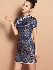 Custom Tailored Blue Floral Silk Qipao / Cheongsam Dress