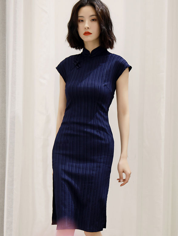 Blue Striped Midi Modern Cheongsam / Qipao Dress