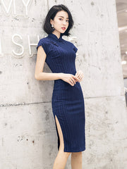 Blue Striped Midi Modern Cheongsam / Qipao Dress