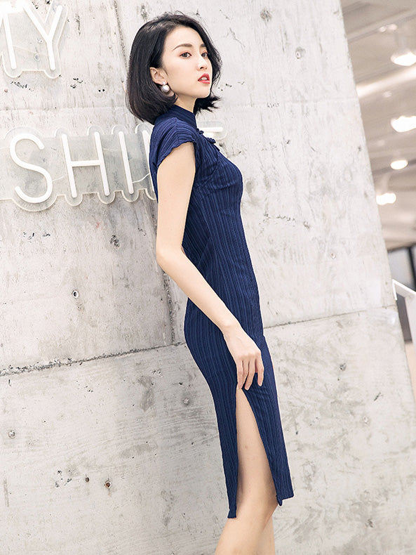 Blue Striped Midi Modern Cheongsam / Qipao Dress