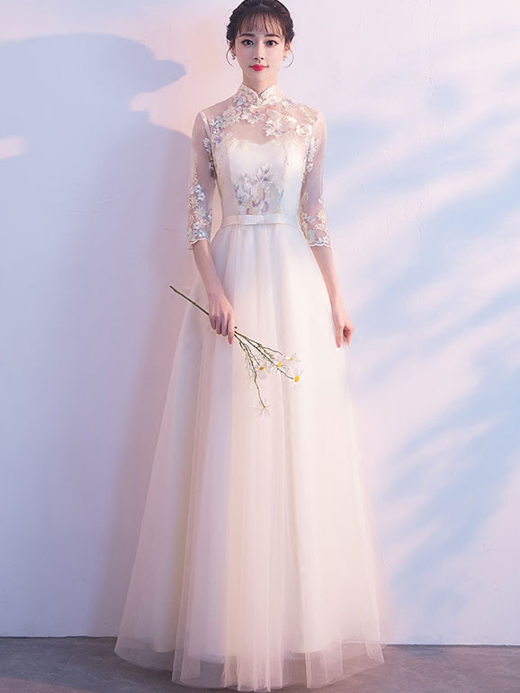 Bridesmaid Embroidered Tulle Qipao / Cheongsam Maxi Dress