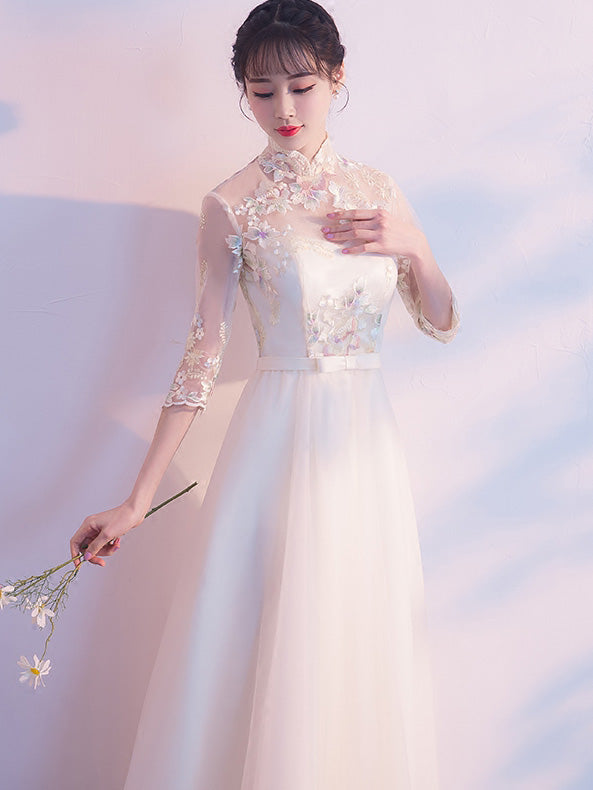 Bridesmaid Embroidered Tulle Qipao / Cheongsam Maxi Dress