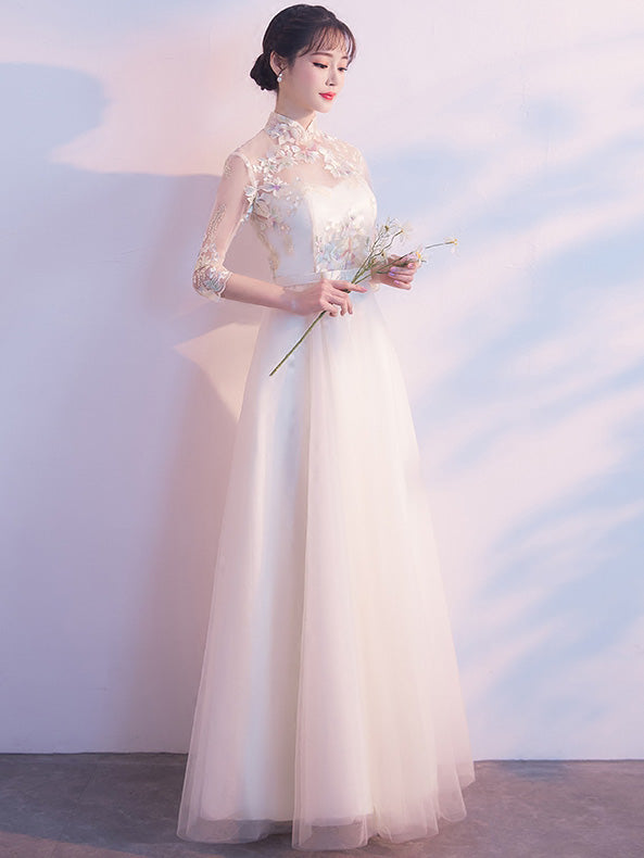 Bridesmaid Embroidered Tulle Qipao / Cheongsam Maxi Dress