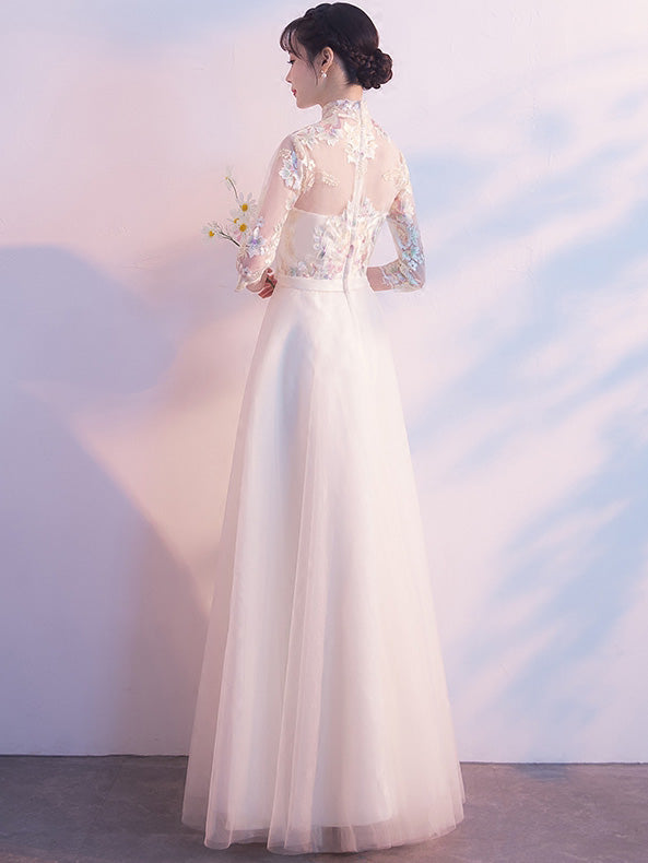 Bridesmaid Embroidered Tulle Qipao / Cheongsam Maxi Dress