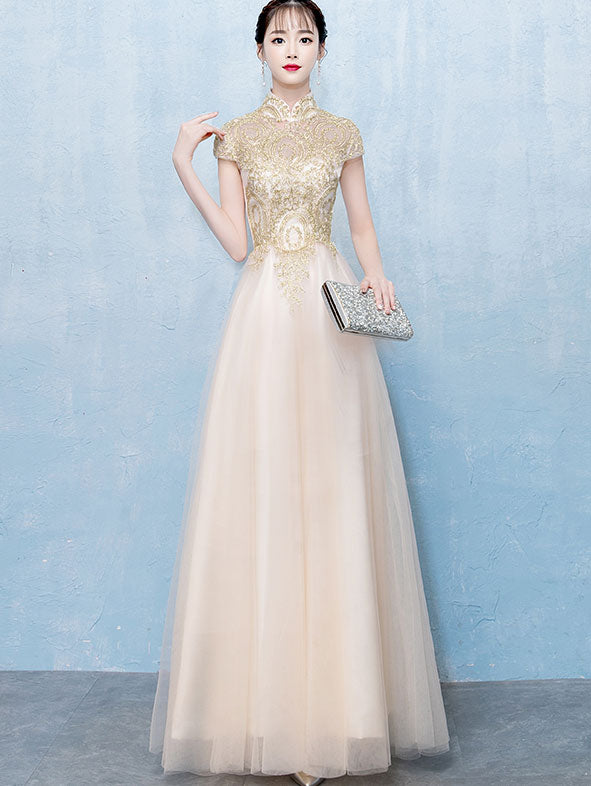 Gold Floor Length Tulle Qipao / Cheongsam Evening Dress