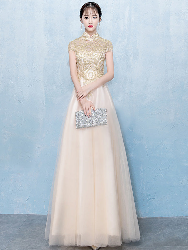 Gold Floor Length Tulle Qipao / Cheongsam Evening Dress