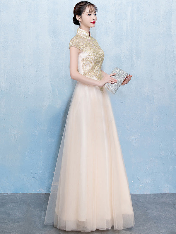 Gold Floor Length Tulle Qipao / Cheongsam Evening Dress