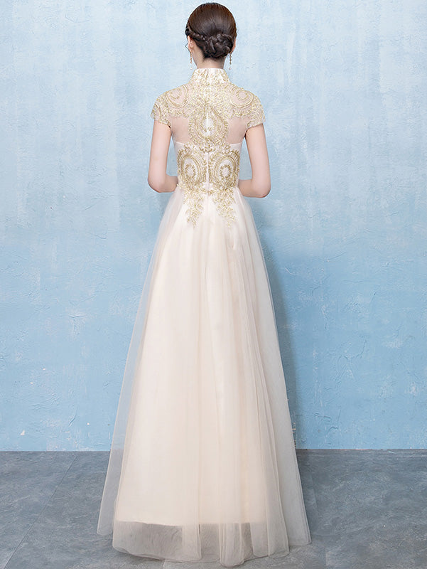 Gold Floor Length Tulle Qipao / Cheongsam Evening Dress