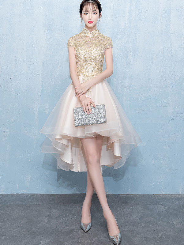 Gold High Low Hem Bridesmaid Qipao Cheongsam Party Dress