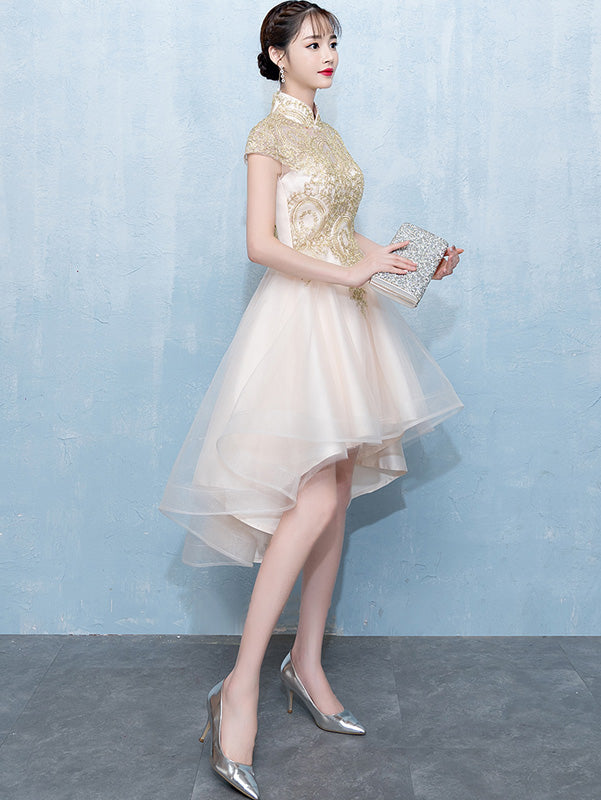 Gold High Low Hem Bridesmaid Qipao Cheongsam Party Dress