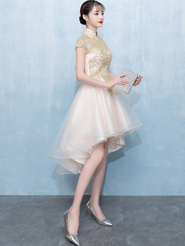 Gold High Low Hem Bridesmaid Qipao / Cheongsam Party Dress