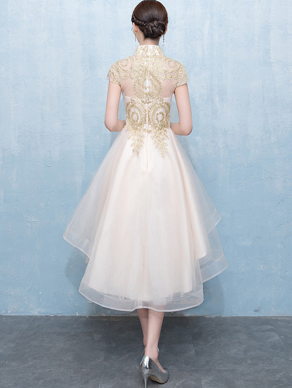 Gold High Low Hem Bridesmaid Qipao Cheongsam Party Dress